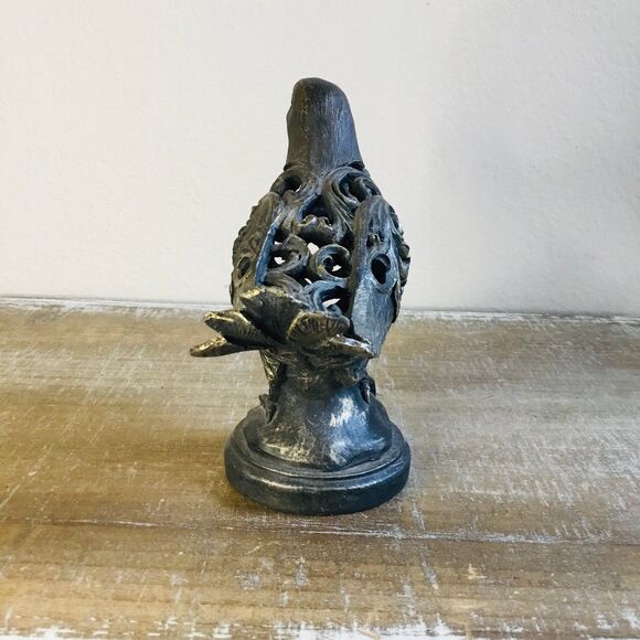 Brown and gold bird with hollow body with scrolls on a round base figurine decor - Picture 4 of 6